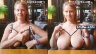 reta a su amiga que se saque las tetas en restaurant y ella si se atreve hacerlo WOW