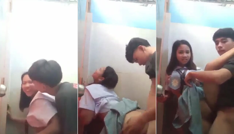 en los baños del colegio una parejita de novios adolescentes se graban cogiendo