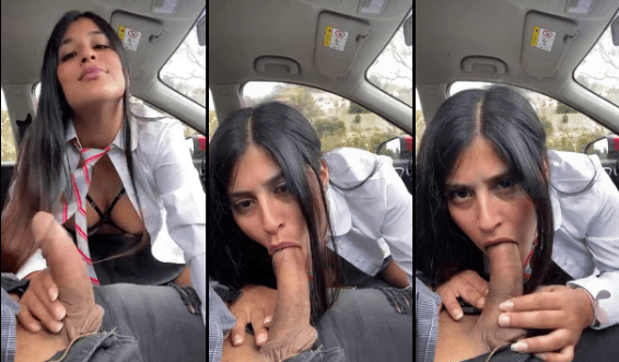 increible puta colombiana vestida de colegiala dando una rica mamada en el carro