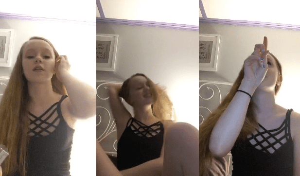 la jovencita comienza a transmitir pero todos le piden que enseñe algo